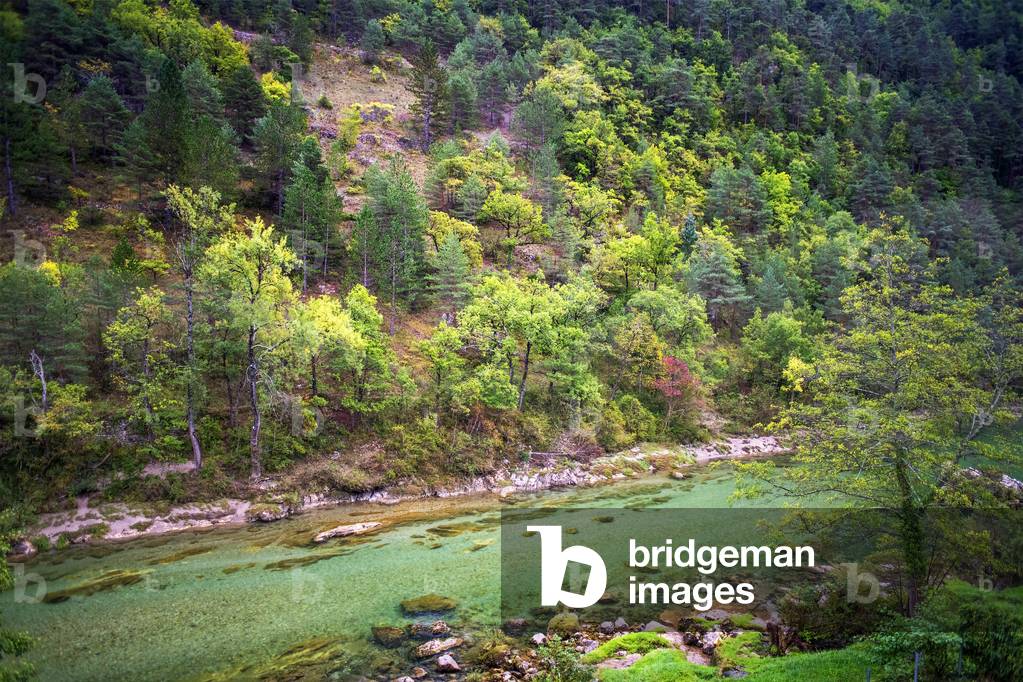 The Tarn river in front Hôtel de la Muse et du Rozier, Mostuéjouls Gorges du tarn Aveyron  Languedoc Roussillon  Occitanie, France, 2020 (photo)
