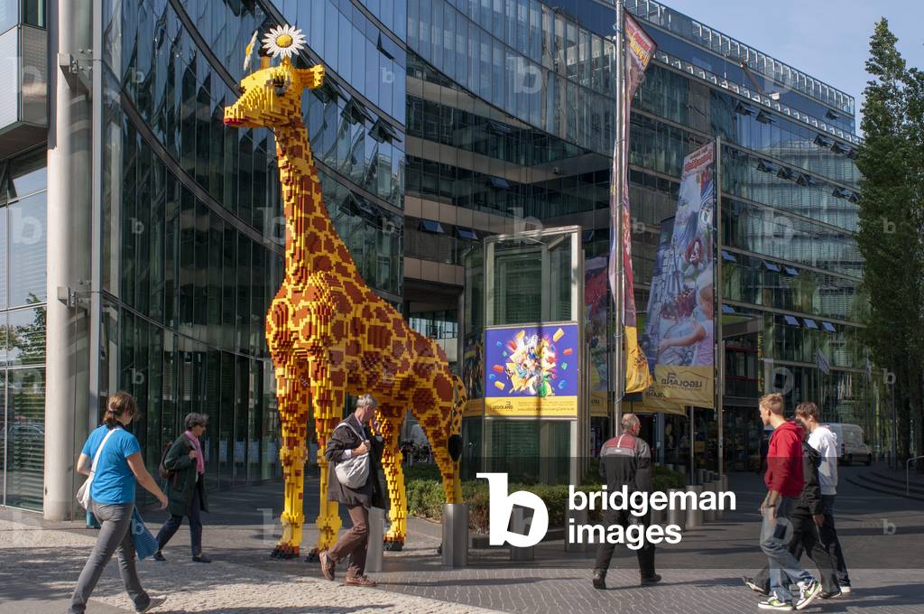 Huge Lego Giraffe behind the Sony Center in Berlin Potsdamer Platz, Germany (photo)