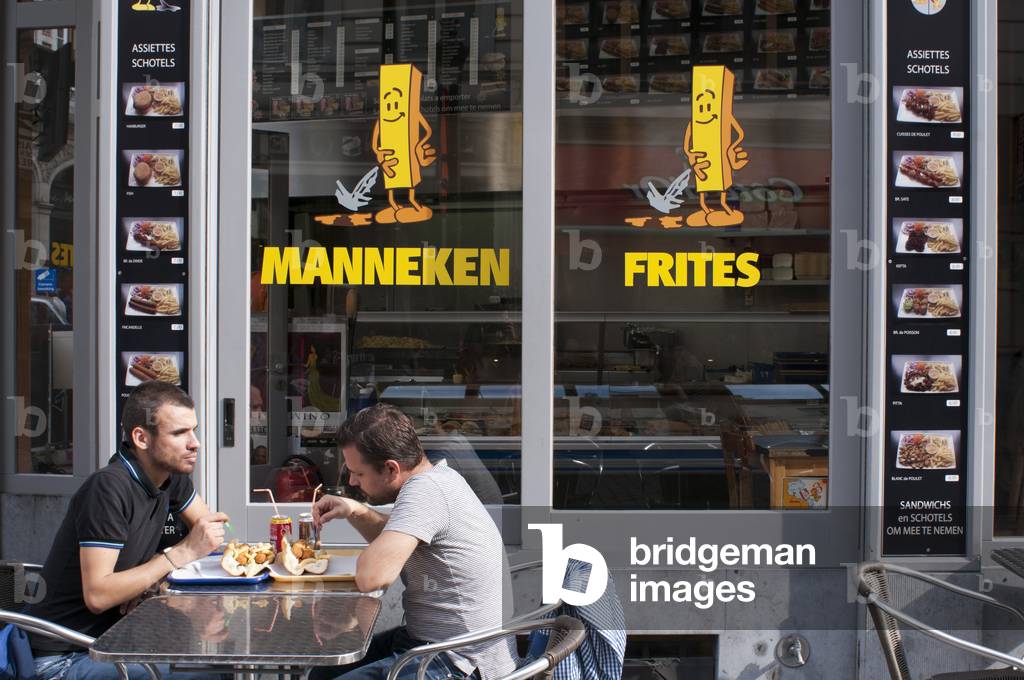 Typical Belgium fast food, French Fries restaurant, Belgium frites, Brussels, Belgium, Manneken Pis Logo (photo)