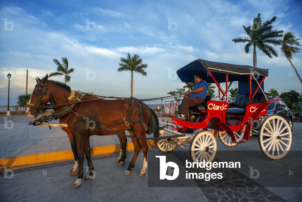 Horse drawn carriages next to Cocibolca lake in the Spanish colonial city of Granada Nicaragua, Central America, America (photo)