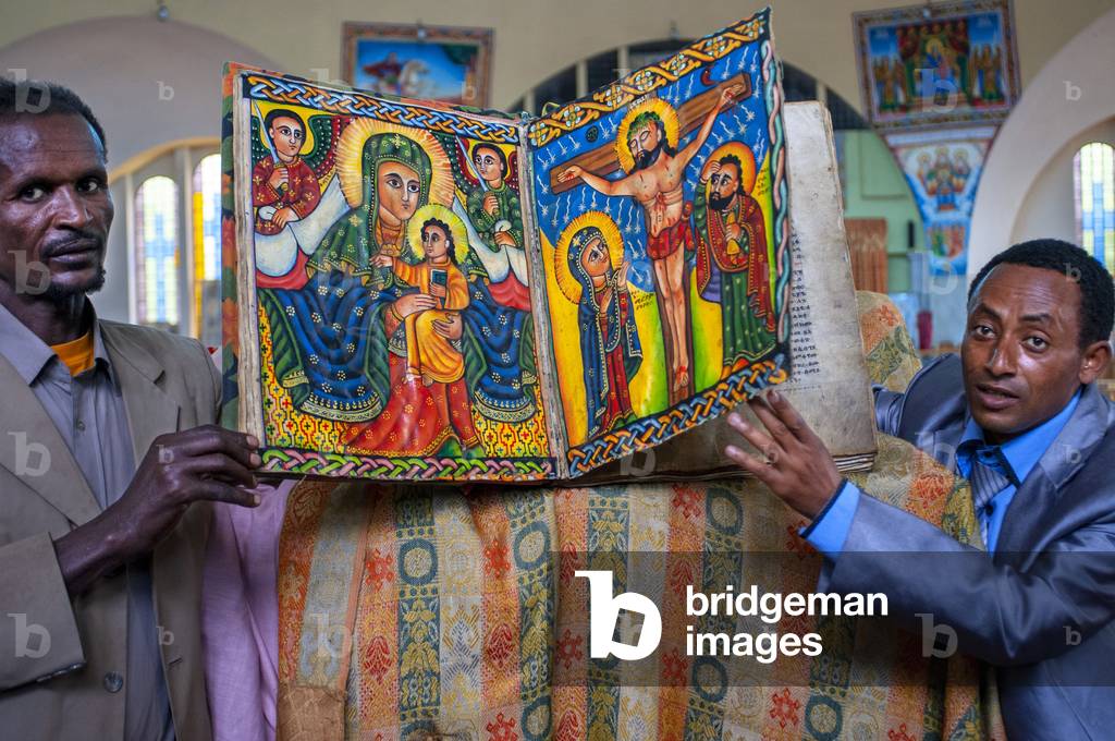 Ancient Bible in Amharic language in the church of Our Lady Mary of Zion in Aksum, Ethiopia (photo)
