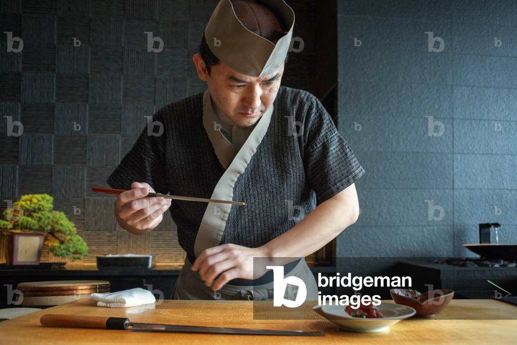 Chef of Sushi Sora restaurant on Mandarin Oriental Hotel on Honshu Island, Tokyo, Japan, March 2020 (photo)