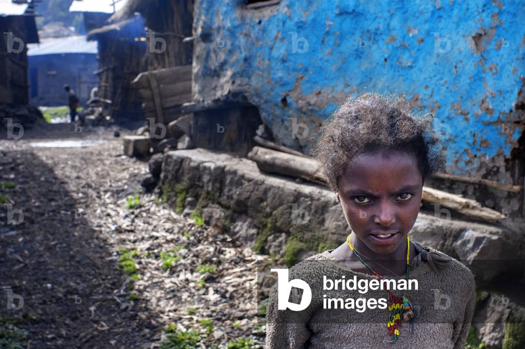 Local people and Farmland and village houses in the mountain, Amhara Region, Ethiopia (photo)