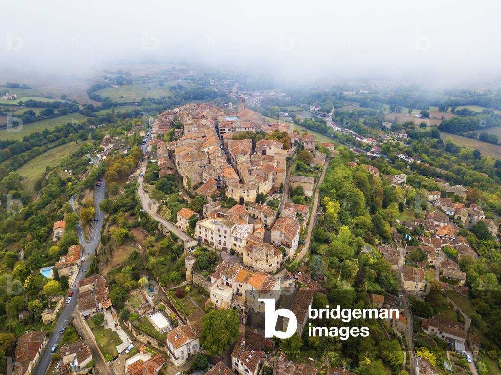Aerial view of Cordes sur Ciel, labelled The Most Beautiful Villages of France, Tarn, Occitanie, France, 2020 (photo)