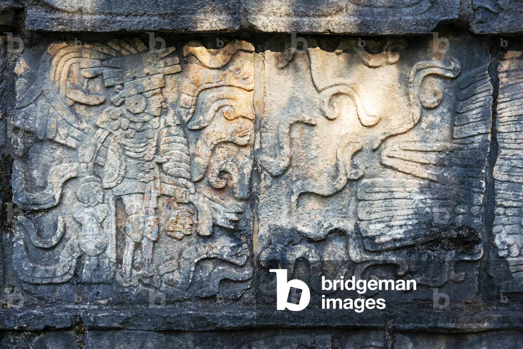 Petroglyph detail of Mayan Warrior in Chichen Itza, Yucatan, Mexico, 2021 (photo)