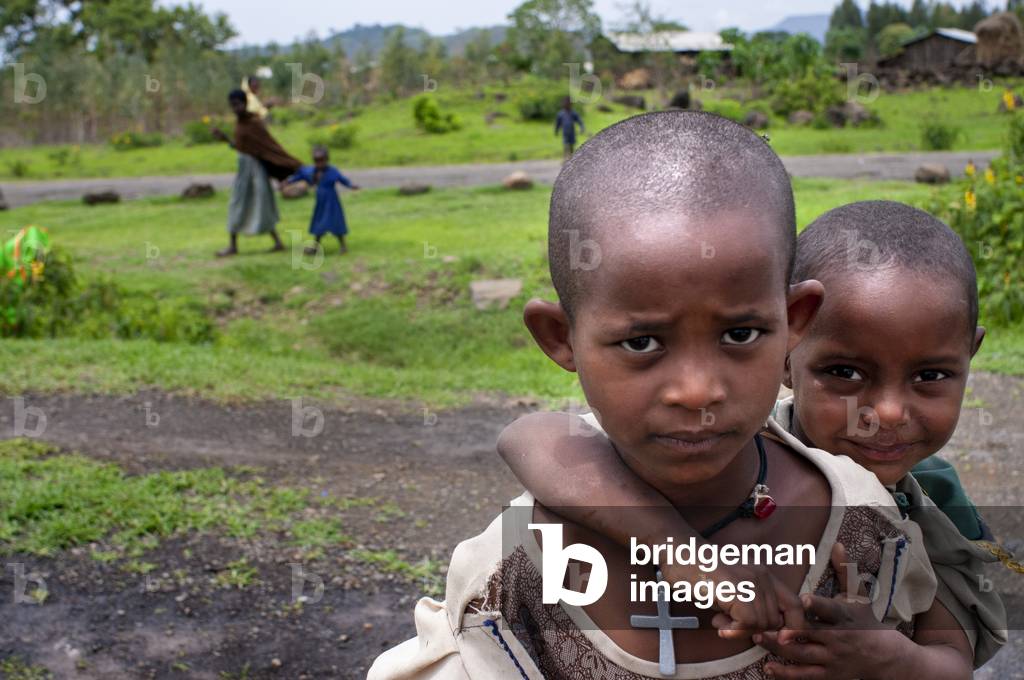 Children working. Rural landscape near the Tis Isat Blue Nile Falls of the farmland near Bahir Dar in Ethiopia (photo)