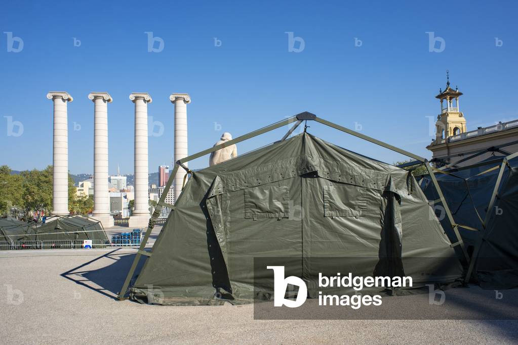 Congress palace in Monjuic, Barcelona, Spain, Barcelona, Spain: Camp set up by the Spanish army to house homeless people, 9th April 2020 (photo)