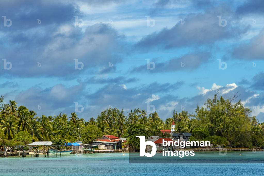 Fakarava coast and Rotoava church, Tuamotus Archipelago French Polynesia, Tuamotu Islands, South Pacific, 2020 (photo)