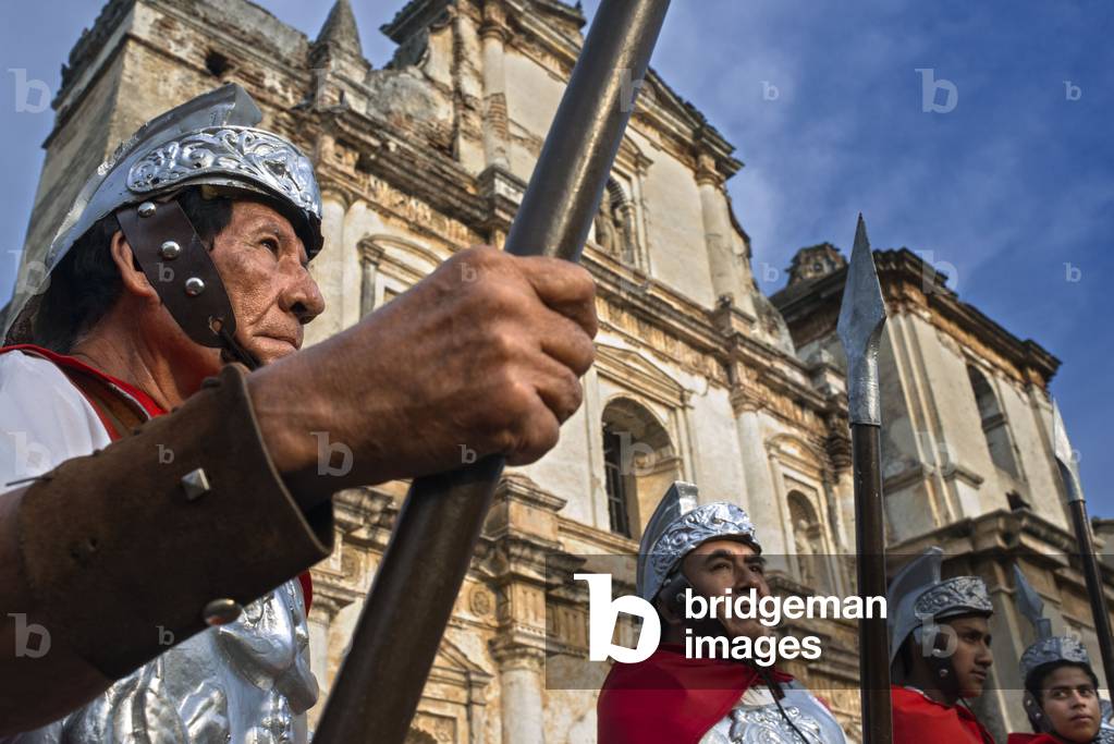 Men dressed as Roman legionaries lead the Jesus Nazareno del Milagro procession during Easter Holy Week in Antigua Guatemala, Holy Week, Friday, Jesus Nazareno de la Penitencia Procession in Antigua, Guatemala, 2020 (photo)