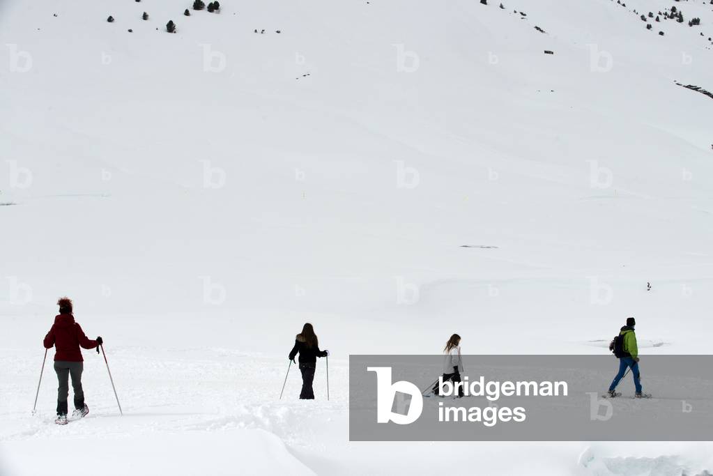 Line of people walking with snow rackets towards the summit of a snowy hill, Baqueira Beret, Ski resort, Pyrenees, Aran Valley, Lleida, Catalonia, Spain (photo)