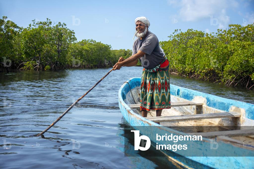 Fisher boat in Makanda Channel, Lamu archipelago, Kenya, Red mangroves along coastline of Manda Island, 2020 (photo)