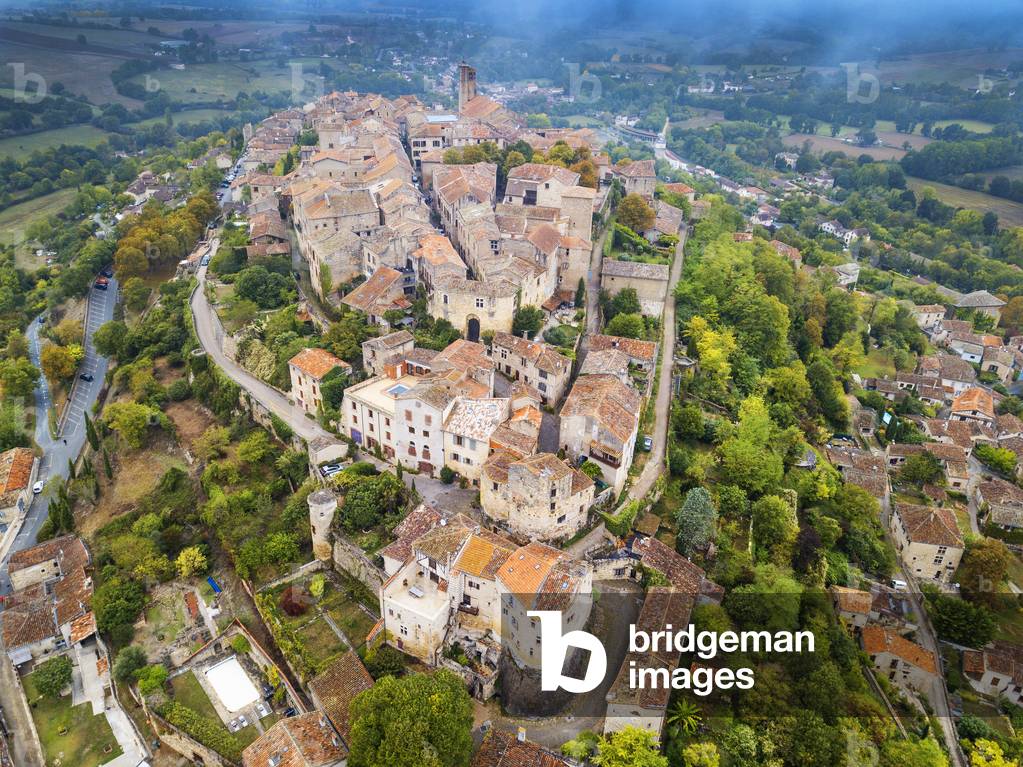Aerial view of Cordes sur Ciel, labelled The Most Beautiful Villages of France, Tarn, Occitanie, France, 2020 (photo)