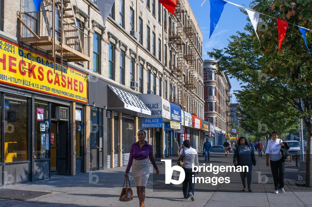 Harlem street shops and buildings, New York City, 2021 (photo)