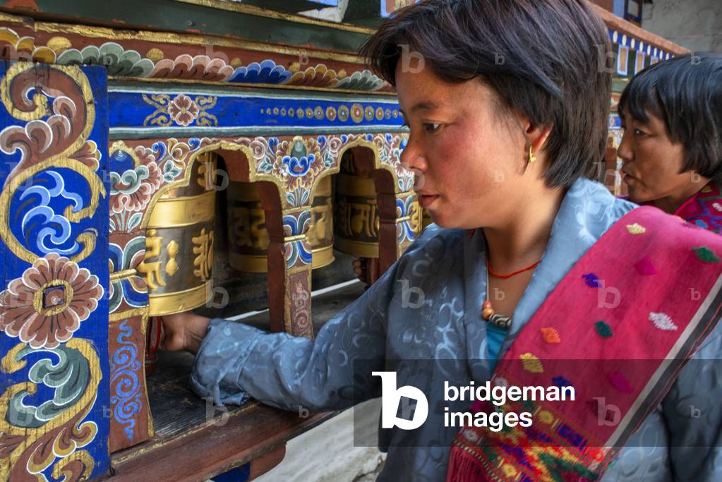 Spinning Prayer Wheel at Kyichu Lhakhang Temple near Paro, Bhutan, 2021 (photo)
