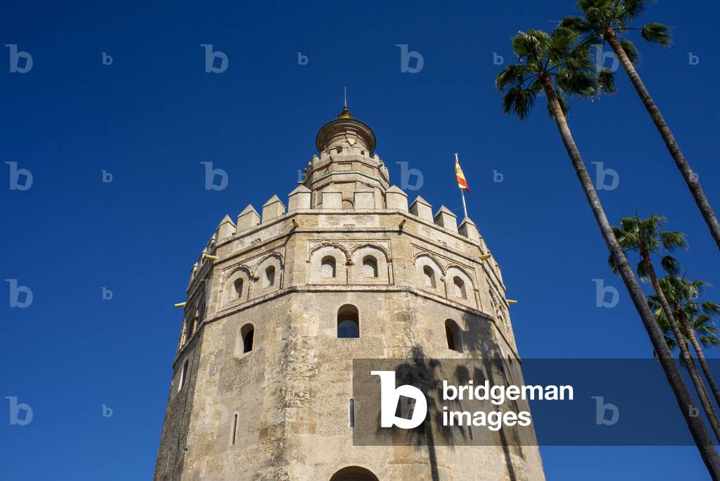 Seville Torre del Oro, view of the Moorish Torre del Oro Tower of Gold in the old city quarter of Sevilla, Andalucia, Spain (photo)