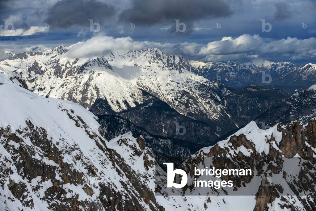Italian and austrian alps aerial view from Nordkette sky resort mountain and ski slopes near Innsbruck Tyrol Austria, 2020 (photo)