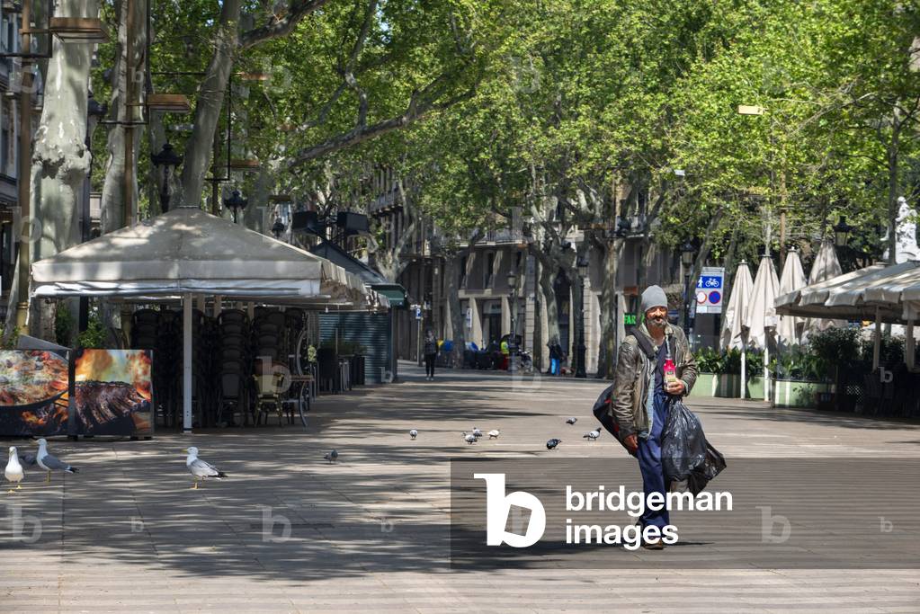 Homeless in The Ramblas in Barcelona is practically deserted due to the total confinement of the population in Spain, Barcelona, Spain, 9th April 2020 (photo)