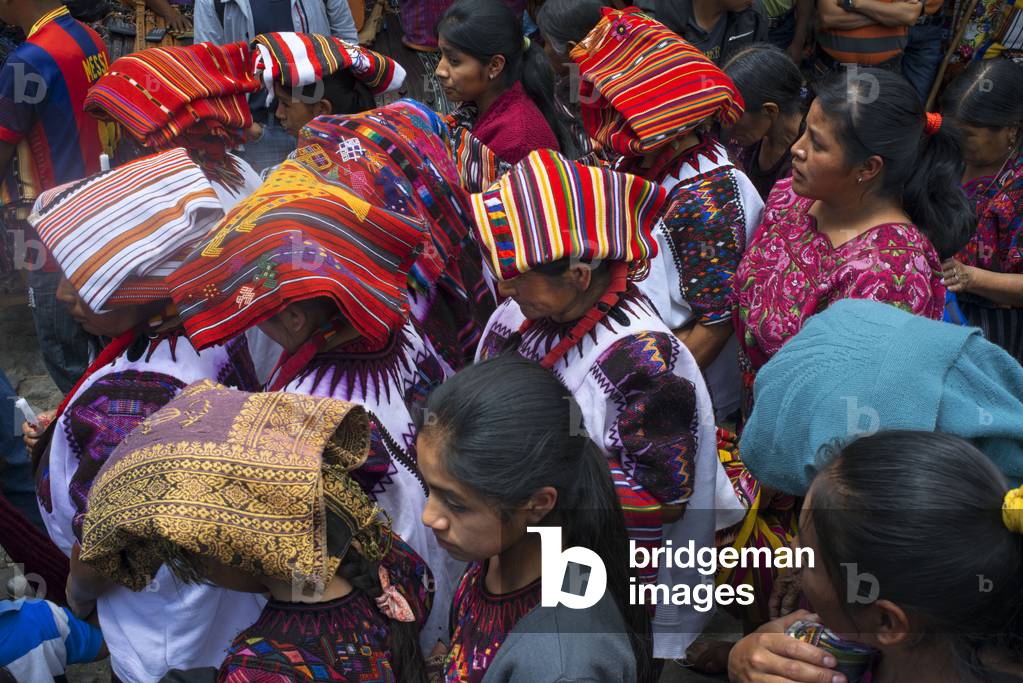 Chichicastenango, Quiche, Guatemala, Central America, Typical women hats during Holy Week processions, 2020 (photo)