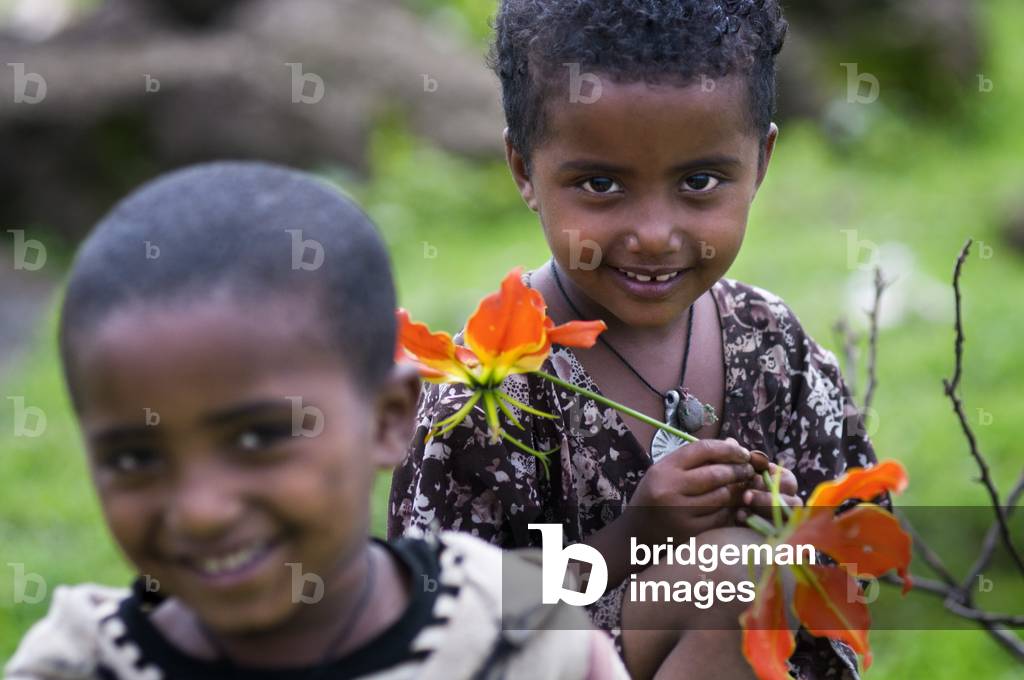 Children working. Rural landscape near the Tis Isat Blue Nile Falls of the farmland near Bahir Dar in Ethiopia (photo)