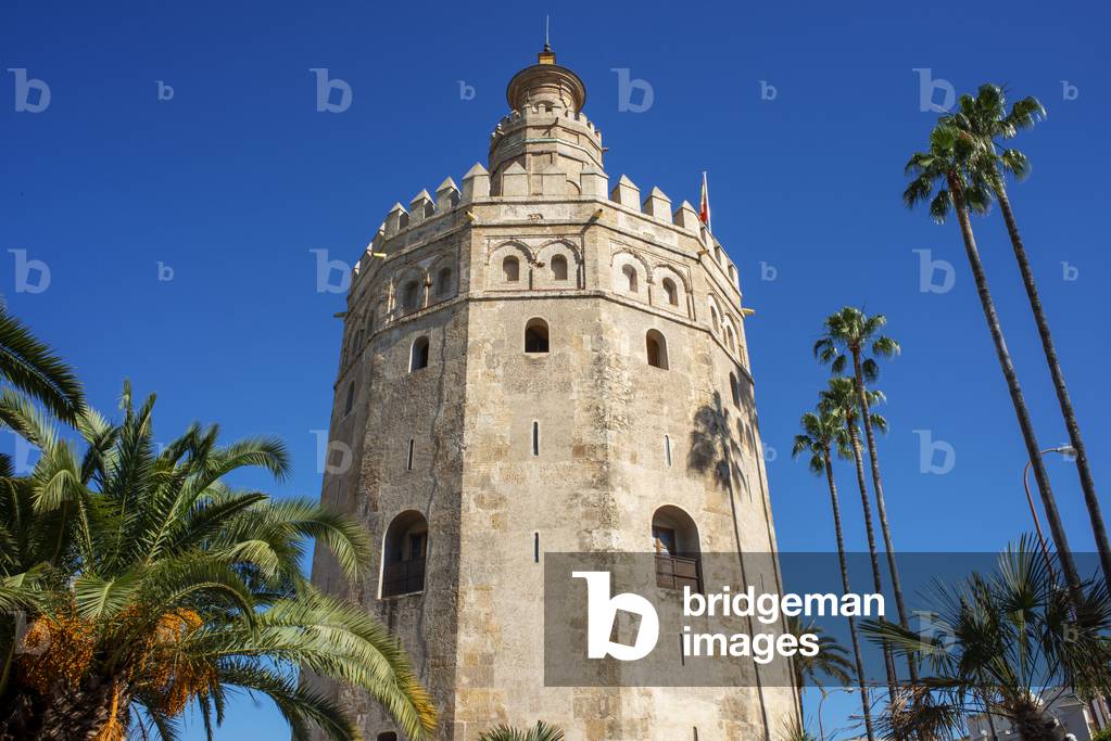 Seville Torre del Oro, view of the Moorish Torre del Oro Tower of Gold in the old city quarter of Sevilla, Andalucia, Spain (photo)