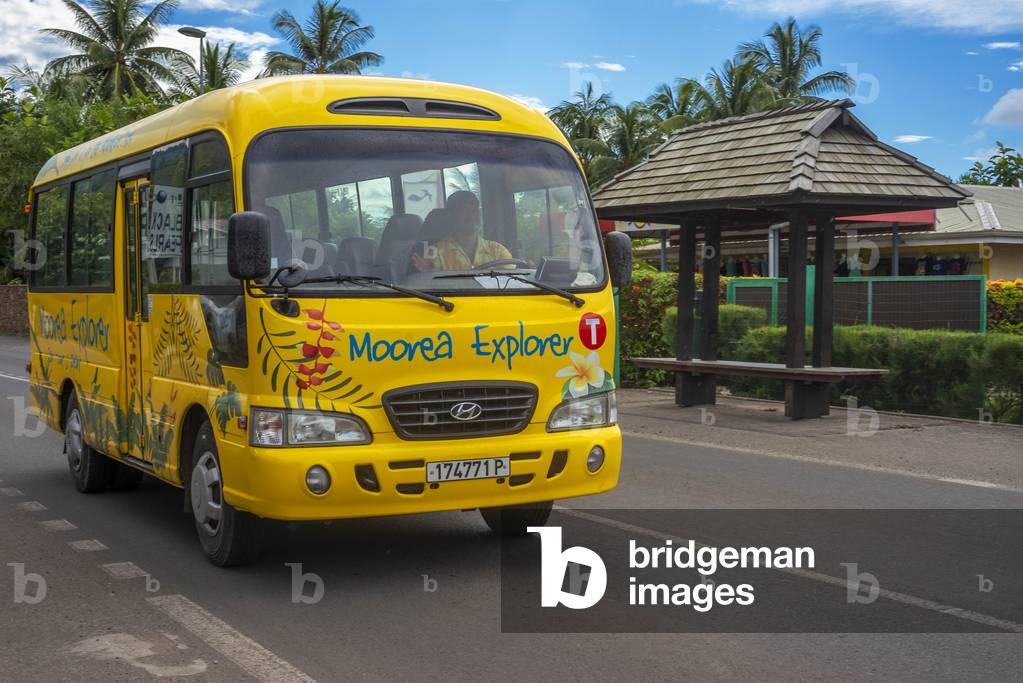 Touristic bus in Moorea, French Polynesia, Society Islands, South Pacific, Cook's Bay, 2020 (photo)