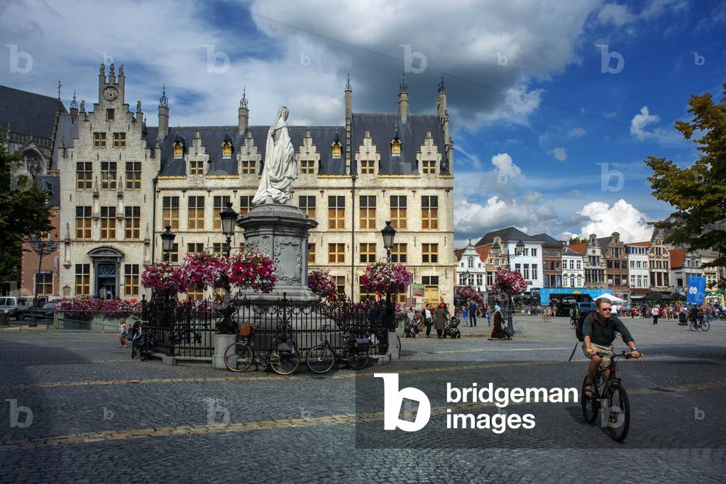 Bicycle passing in front of Grote Markt (Main Square), Mechelen, Belgium (photo)