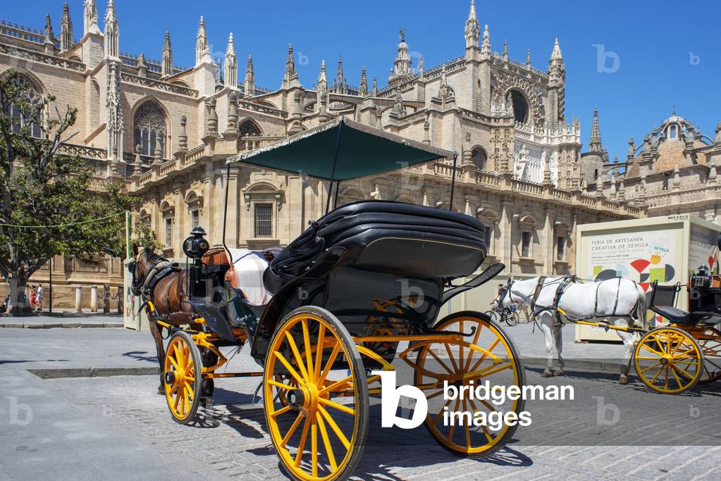 Horse drawn carriages wait for tourists outside the Catedral de Sevilla, Seville, Spain (photo)