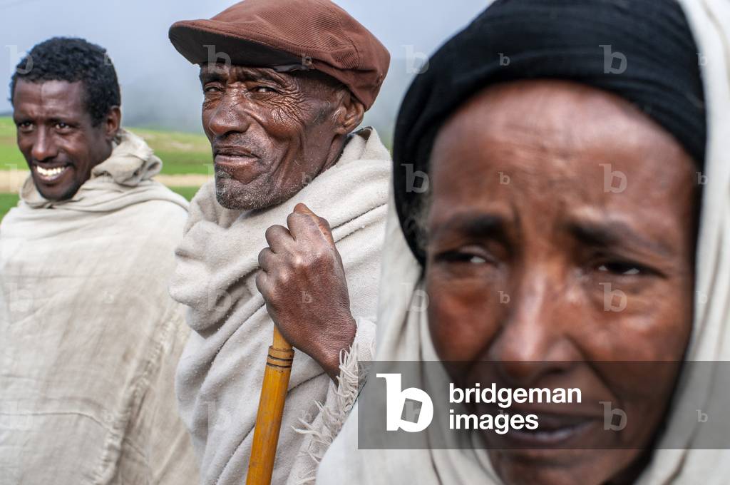 Local people and Farmland and village houses in the mountain, Amhara Region, Ethiopia (photo)