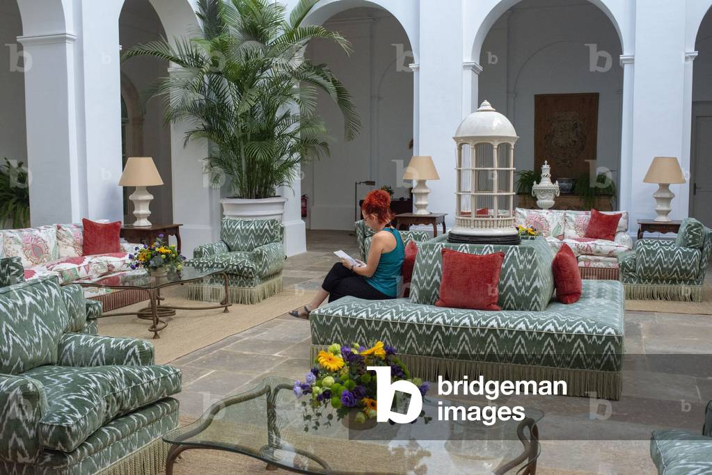 Garden lounge and Inner courtyard of Finca Cortesin hotel in Malaga, Costa del Sol, Andalusia, Spain (photo)