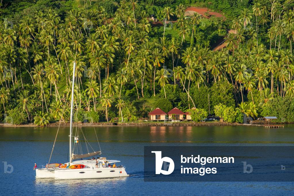 A cruise catamaran in the bay of Haamene in Tahaa, French Polynesia, Society Islands, Pacific Islands, Pacific, 2020 (photo)