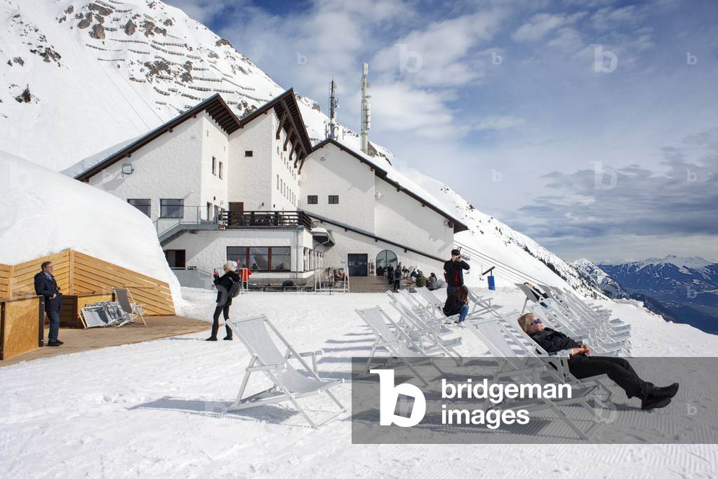 Bar restaurant and resting in Nordkette sky resort mountain and ski slopes near Innsbruck Tyrol Austria, 2020 (photo)