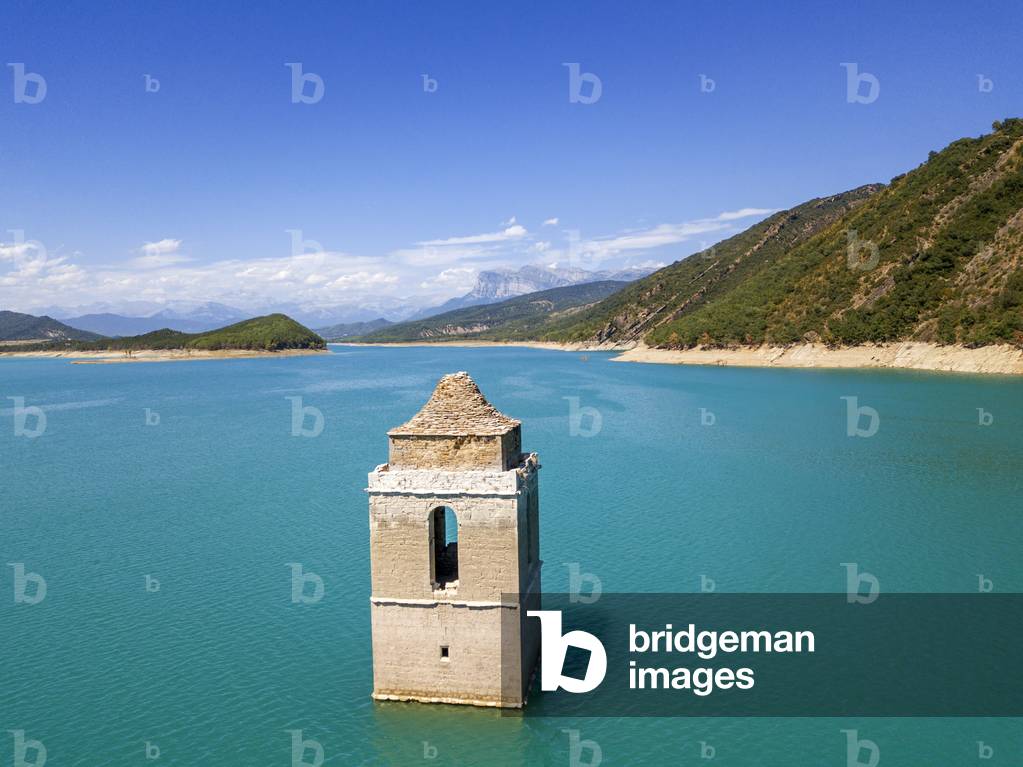 Mediano swamp and tower church submerged under water,Ordesa, Huesca, 2021 (photo)