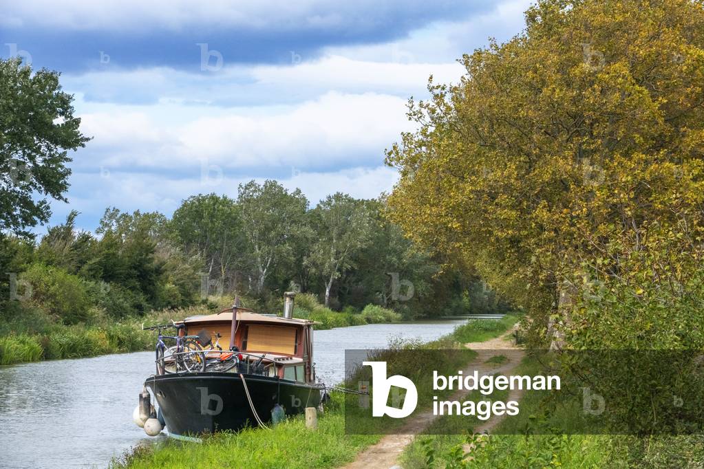 The Canal du Midi, near Carcassonne, French department of Aude, Occitanie Region, Languedoc-Rousillon France, Boats moored on the tree lined canal, 2020 (photo)