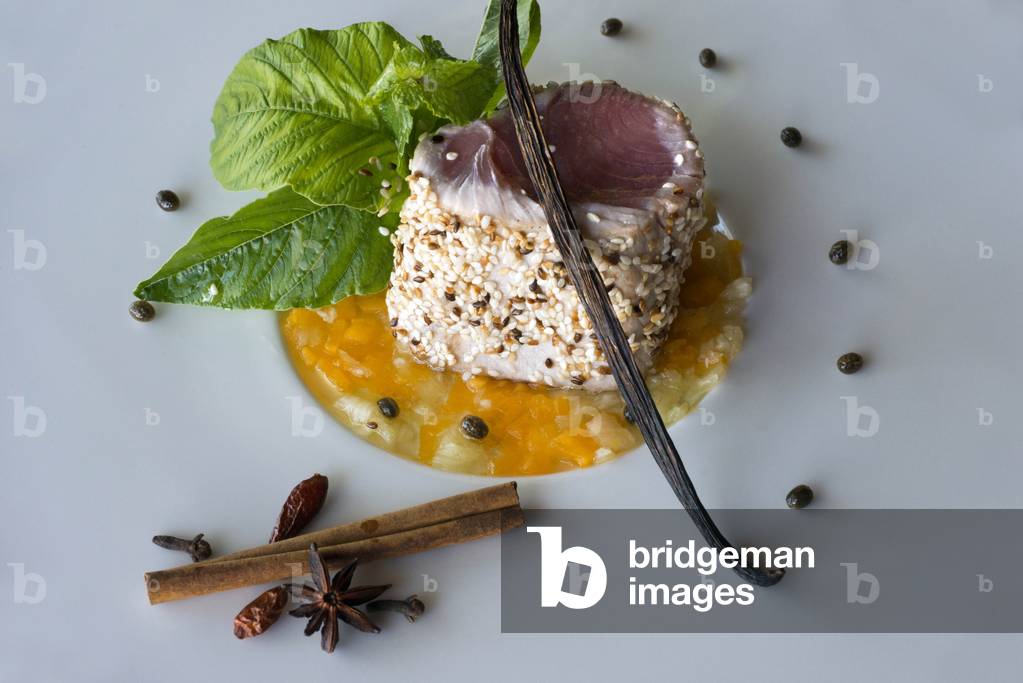 Fresh tuna dish with mix of styles Zanzibar and French, Zanzibar, Tanzania, Africa (photo)