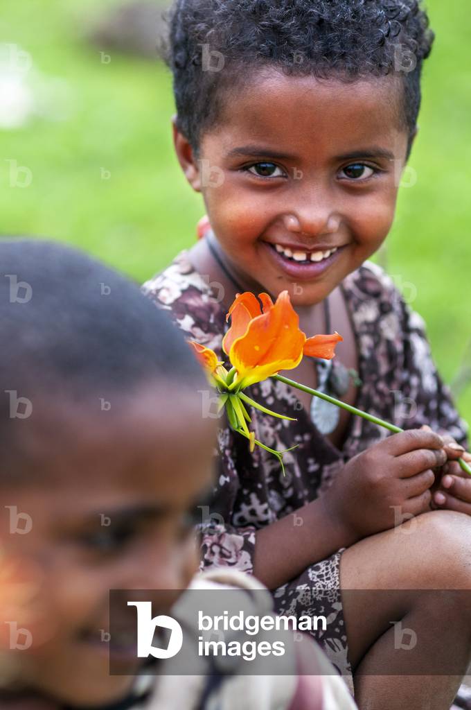 Children working. Rural landscape near the Tis Isat Blue Nile Falls of the farmland near Bahir Dar in Ethiopia (photo)