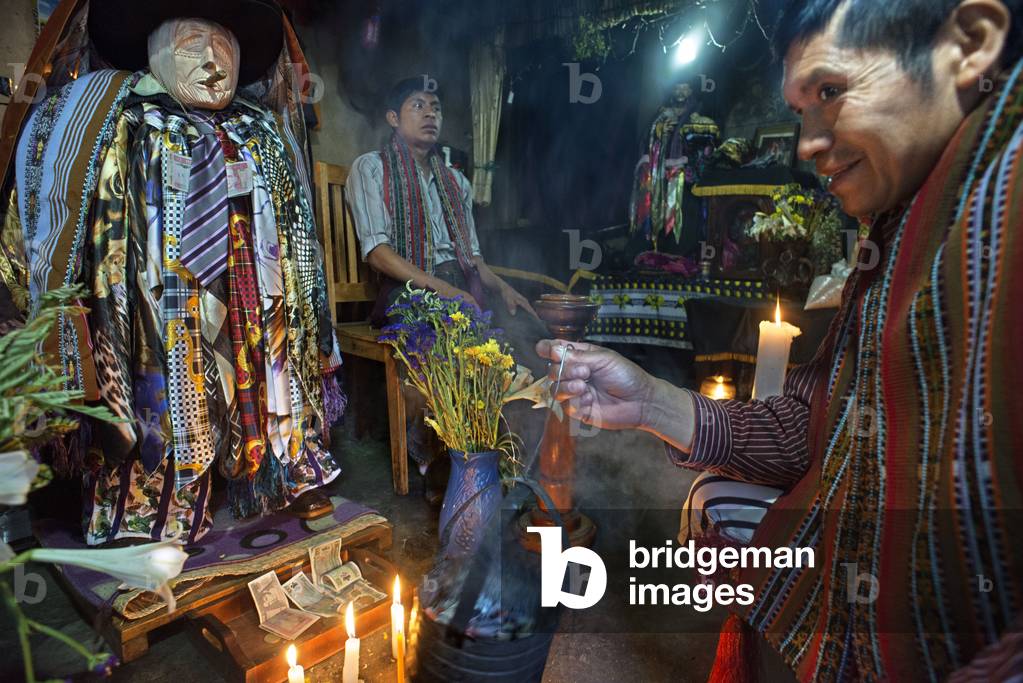Shrine of El Maximon in Santiago De Atitlan, Guatemala, Maximon saint/devil is one of the strongest remnants of the Mayan faith, 2020 (photo)