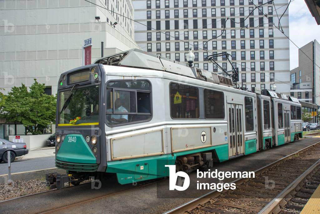 An outbound green line tram train on the MBTA, Boston, USA 2021 (photo)