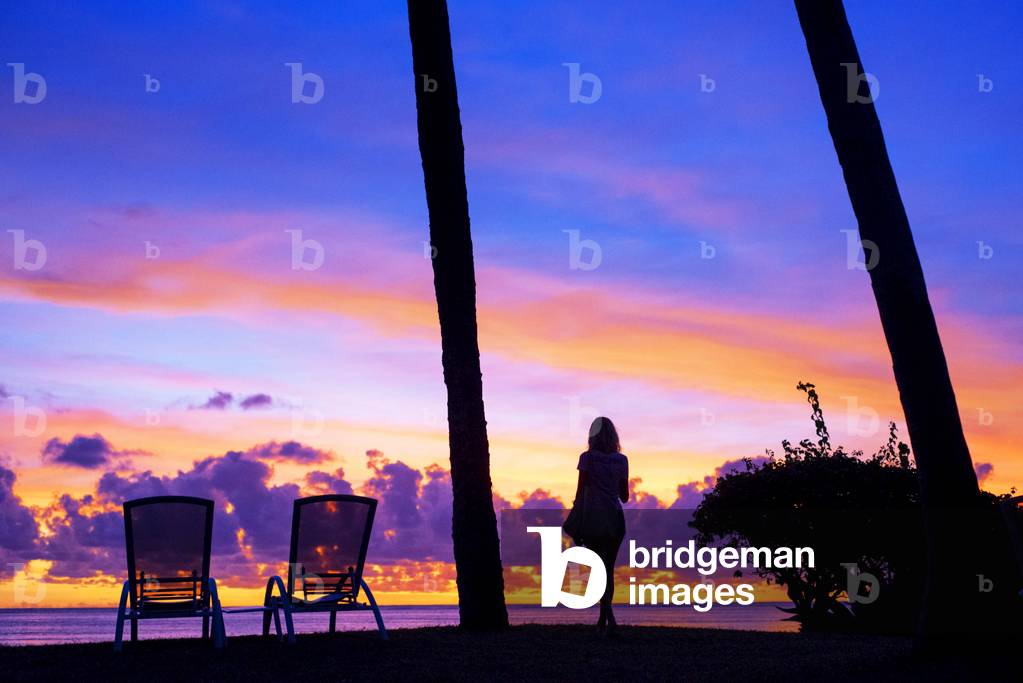 Sunset in Le Meridien Hotel on the island of Tahiti, French Polynesia, Tahiti Nui, Society Islands, French Polynesia, South Pacific, 2020 (photo)