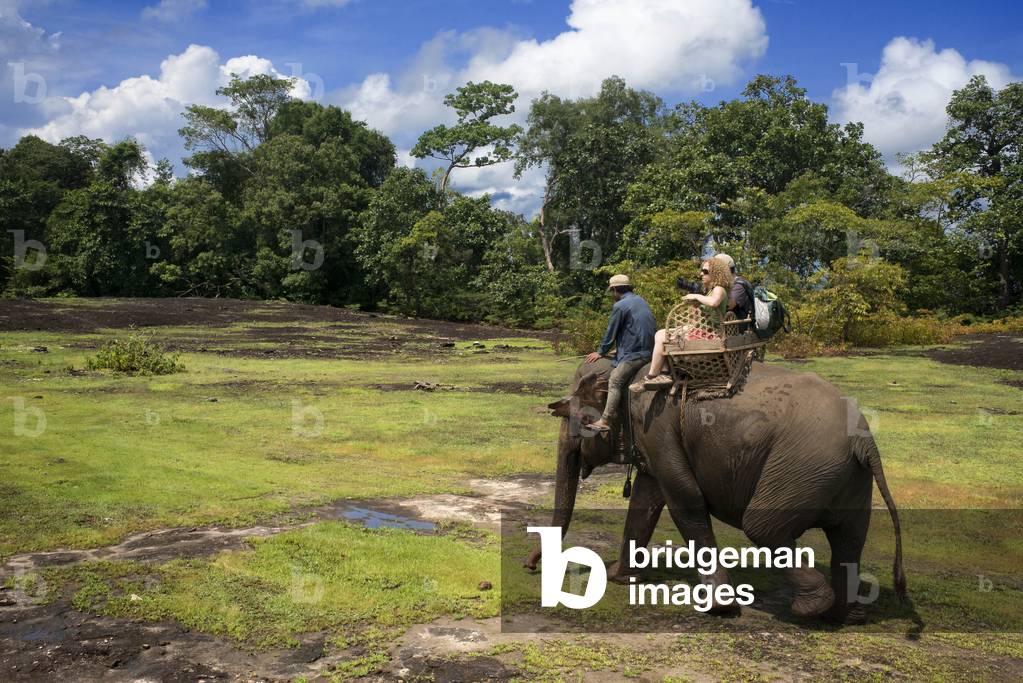 A tourist and mahout ride an Elephant ride in Kiet Ngong, Laos (photo)