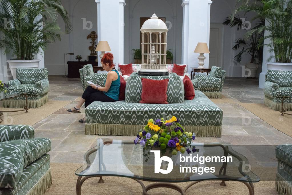 Garden lounge and Inner courtyard of Finca Cortesin hotel in Malaga, Costa del Sol, Andalusia, Spain (photo)