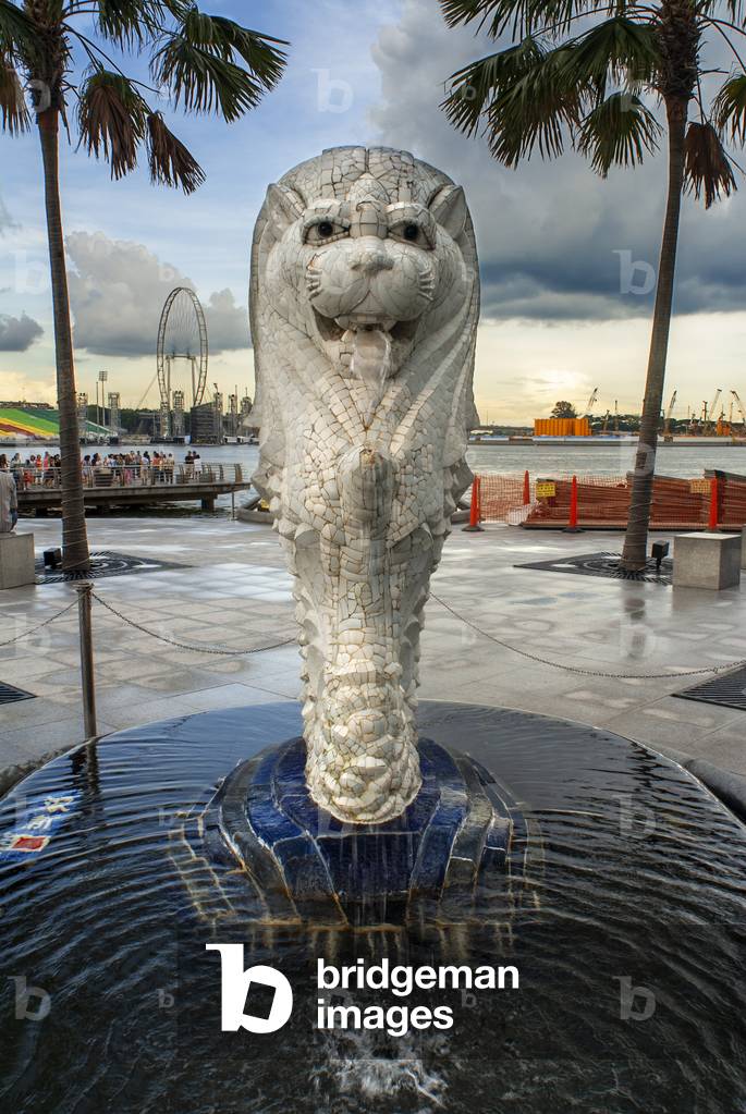 Merlion Lion, Symbol of Singapore, & Water Spout, Singapore Harbour or Harbor, Singapore (photo)