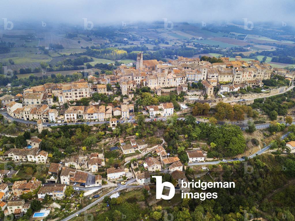 Aerial view of Cordes sur Ciel, labelled The Most Beautiful Villages of France, Tarn, Occitanie, France, 2020 (photo)