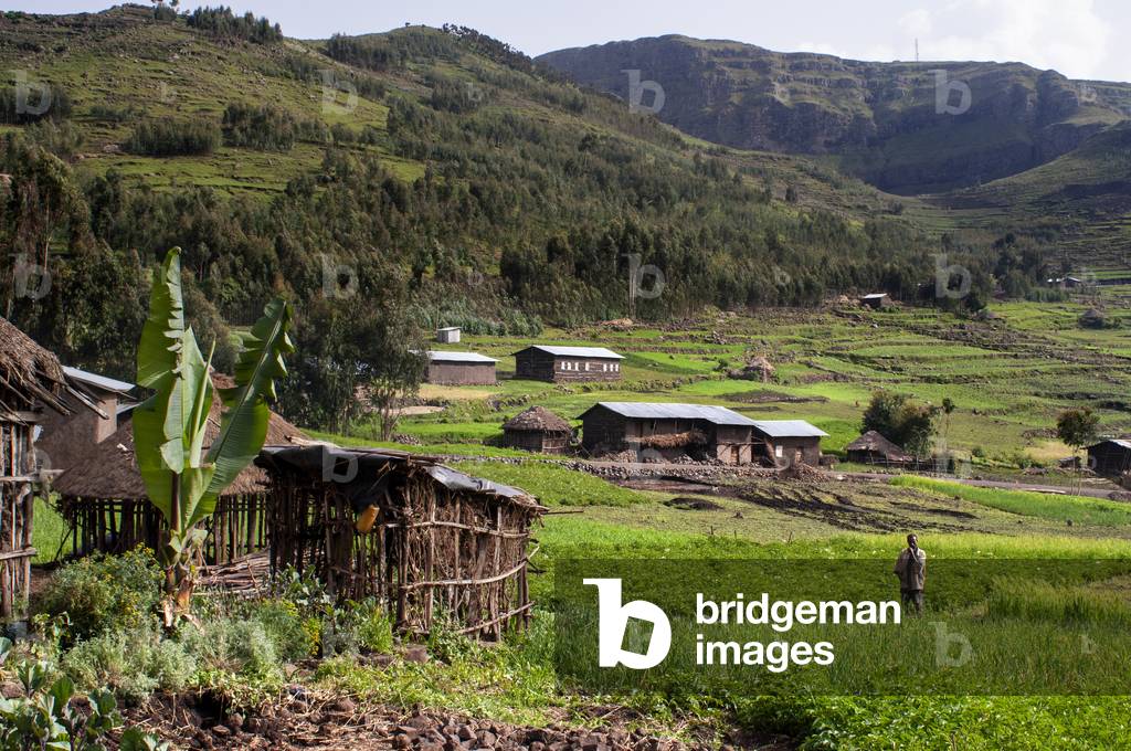 Farmland and village houses in the mountain, Amhara Region, Ethiopia (photo)