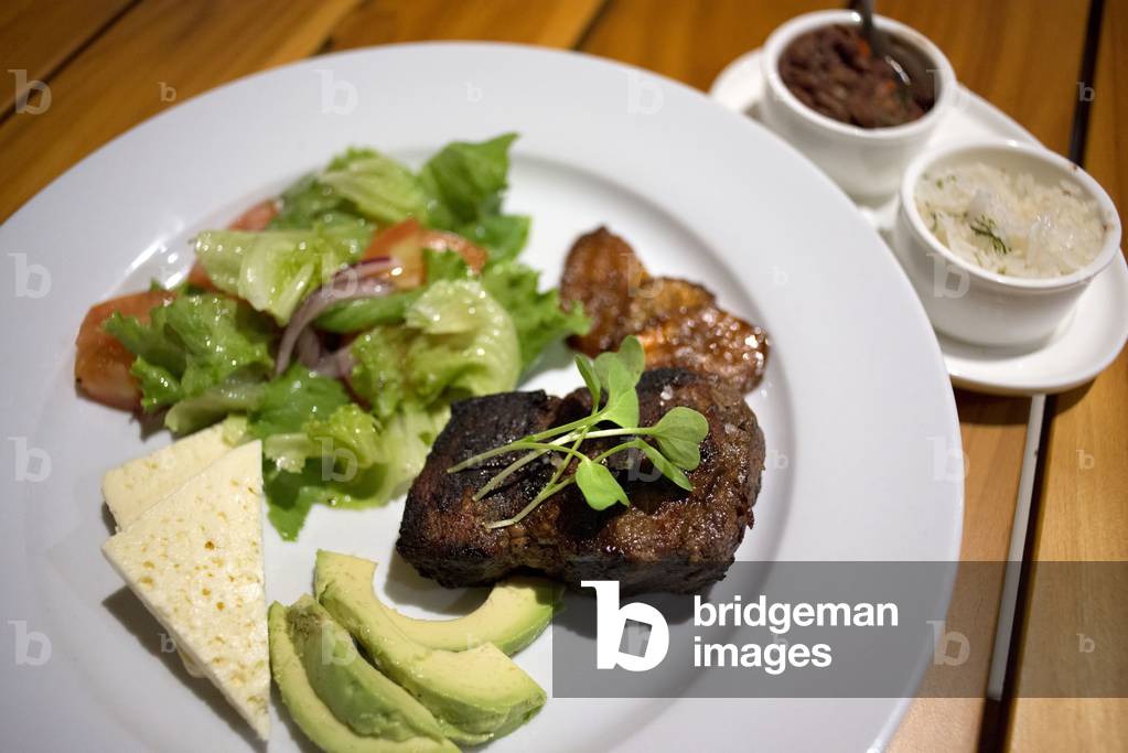 Veal steak dish in the restaurant of Kura Design Villas Hotel in Uvita de Osa, Ballena National Park, Uvita, Costa Rica (photo)