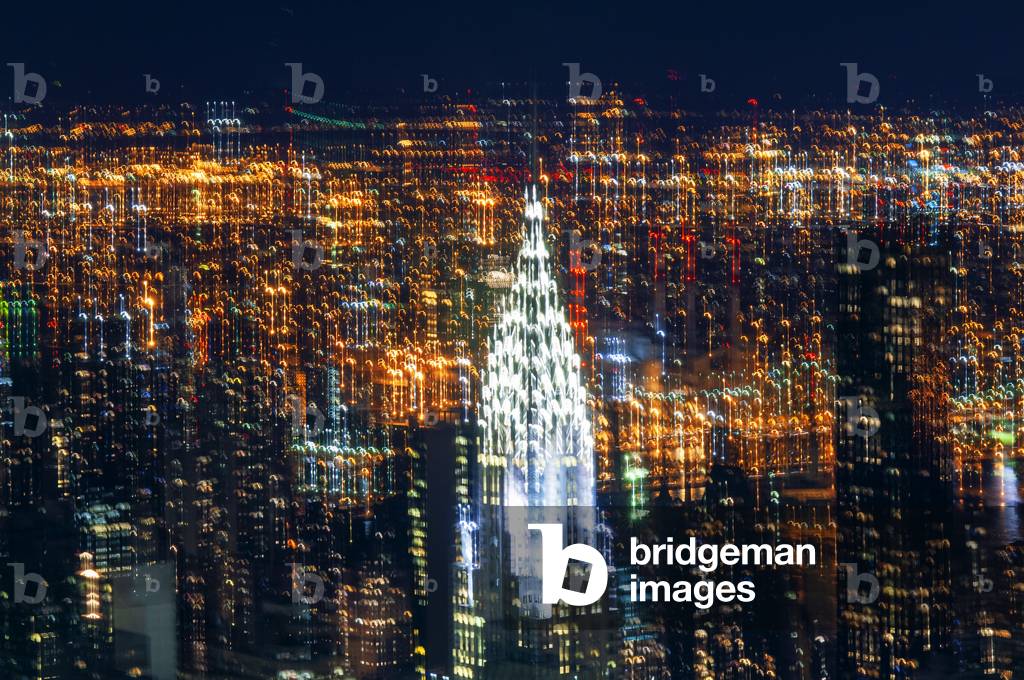 Aerial view  from the Empire State building, Night view of Lower Midtown with Metlife Building and the Chrysler Building in height projecting other impressive skyscrapers, 2020 (photo)