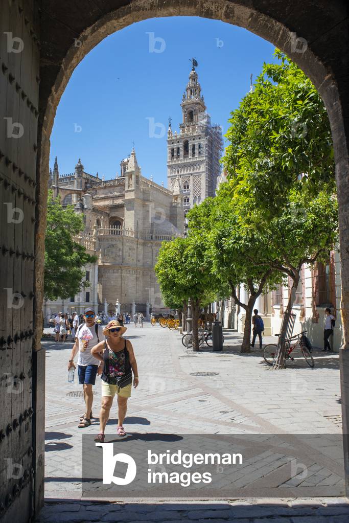 Giralda Seville, view of the 12th century Moorish tower known as La Giralda in the center of the Old City Quarter of Seville, Andalucia, Spain (photo)