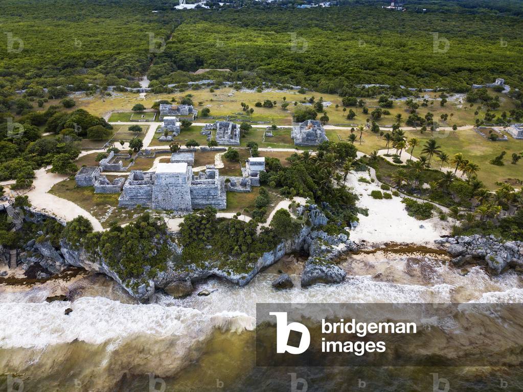 Aerial views of El Castillo and the Ruins of the Mayan temple at Tulum, Yucatan, Mexico, 2021 (photo)