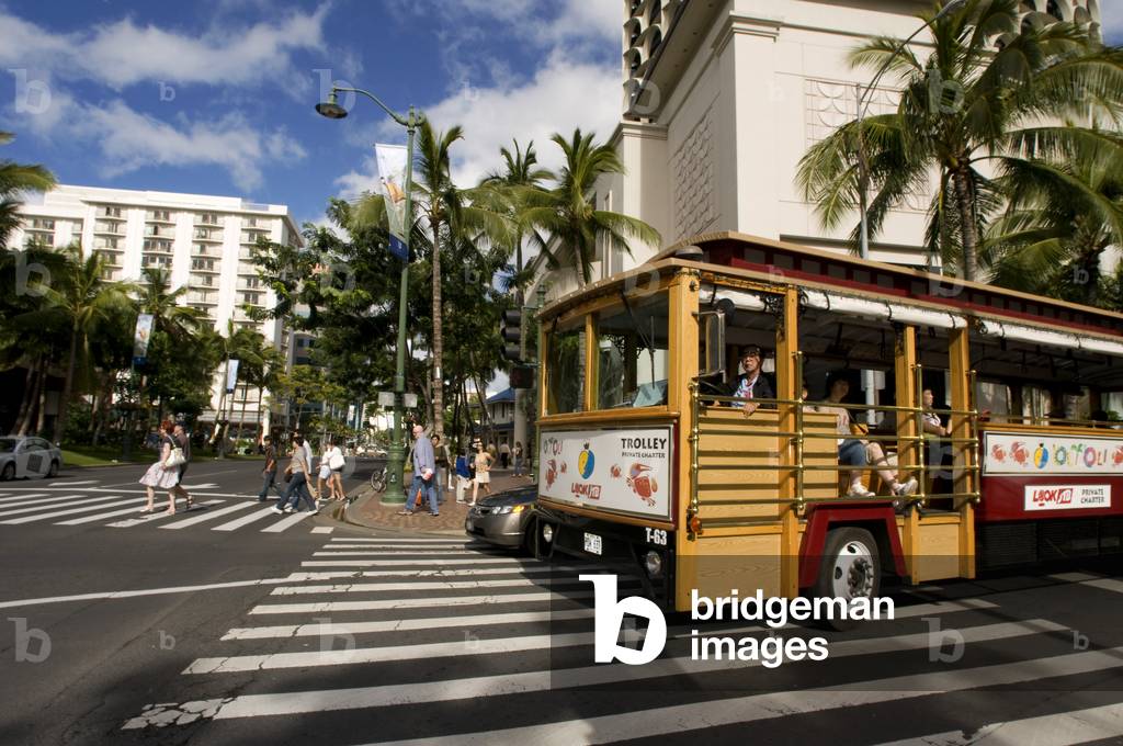 Waikiki Trolly, a tourist bus that runs between Waikiki and Honolulu, O'ahu, Hawaii (photo)