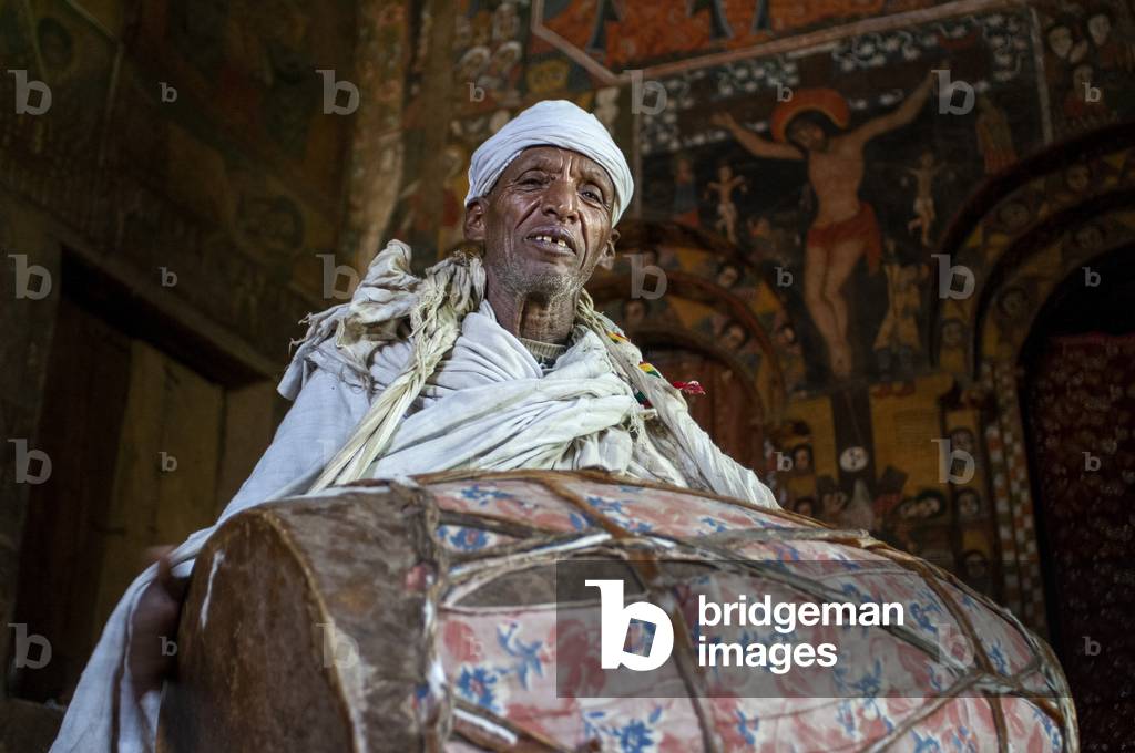 Inside Debre Berhan Selassie church or Trinity and Mountain Light with drums, Gondar, Amhara region, Ethiopia (photo)