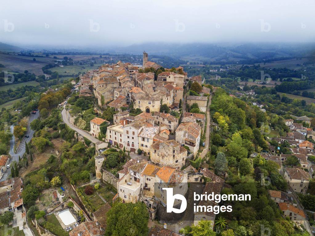 Aerial view of Cordes sur Ciel, labelled The Most Beautiful Villages of France, Tarn, Occitanie, France, 2020 (photo)